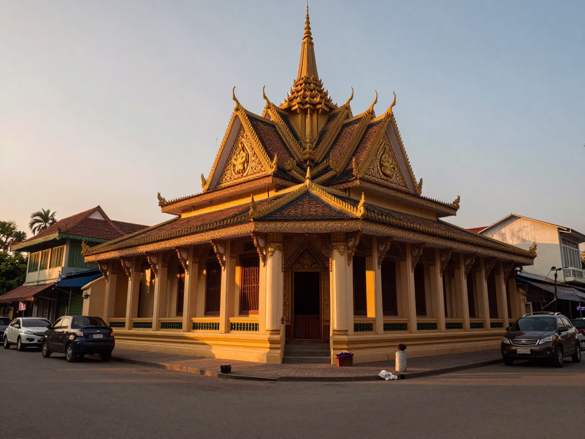 Sunset Street Scene in Phnom Penh Cambodia with Traditional Khmer Architecture and Daily Life in in Phnom Penh, Cambodia
