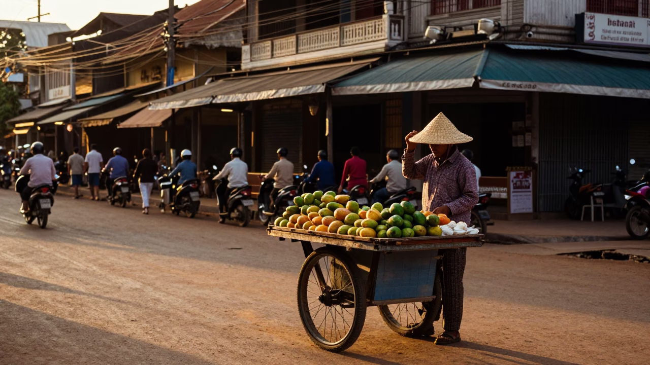 Sunset Street Scene in Phnom Penh Cambodia with Vendor and Straw Hat in in Phnom Penh, Cambodia