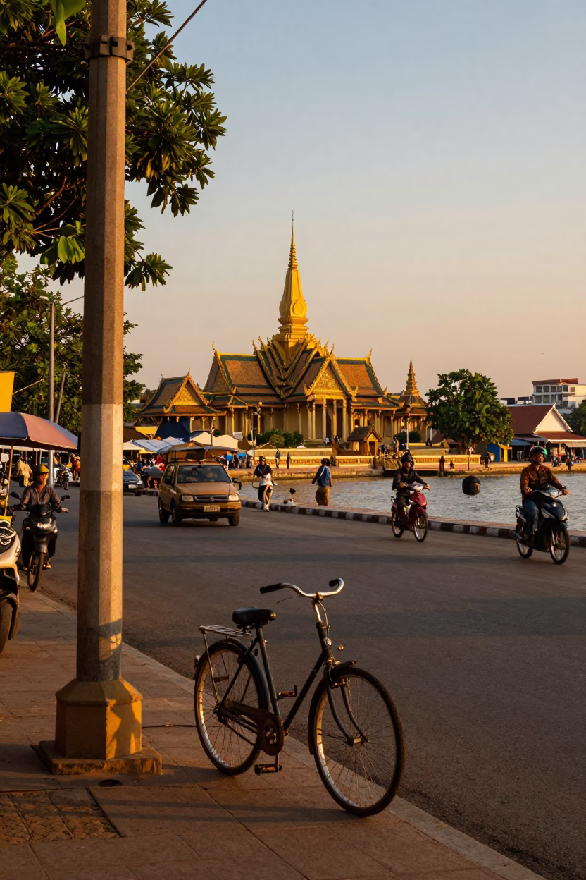 Sunset Street Scene in Phnom Penh Cambodia with Vintage Bicycle and Local Life in in Phnom Penh, Cambodia
