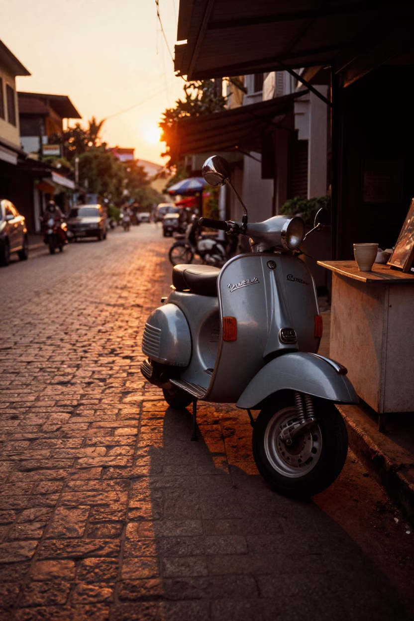 Sunset Street Scene in Phnom Penh Cambodia with Vintage Vespa and Local Market Activity in in Phnom Penh, Cambodia
