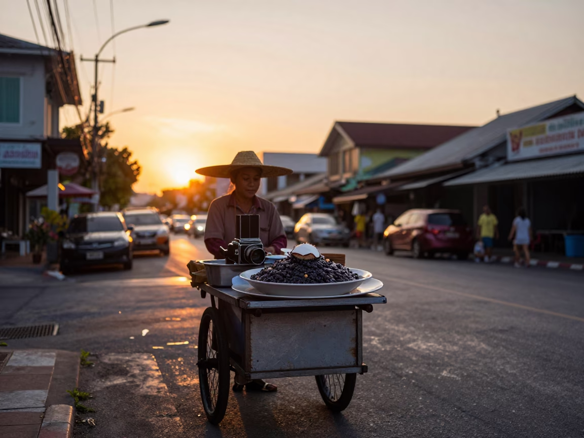 Sunset Street Scene in Phuket Thailand with Black Glutinous Rice Dessert and Local Vendor in in Phuket, Thailand