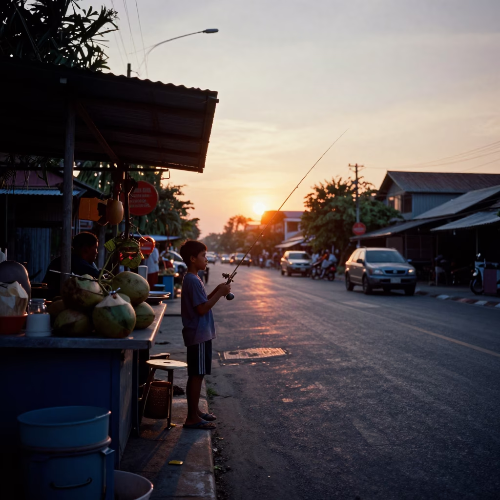 Sunset street scene in Phuket Thailand with boy fishing and coconuts in in Phuket, Thailand