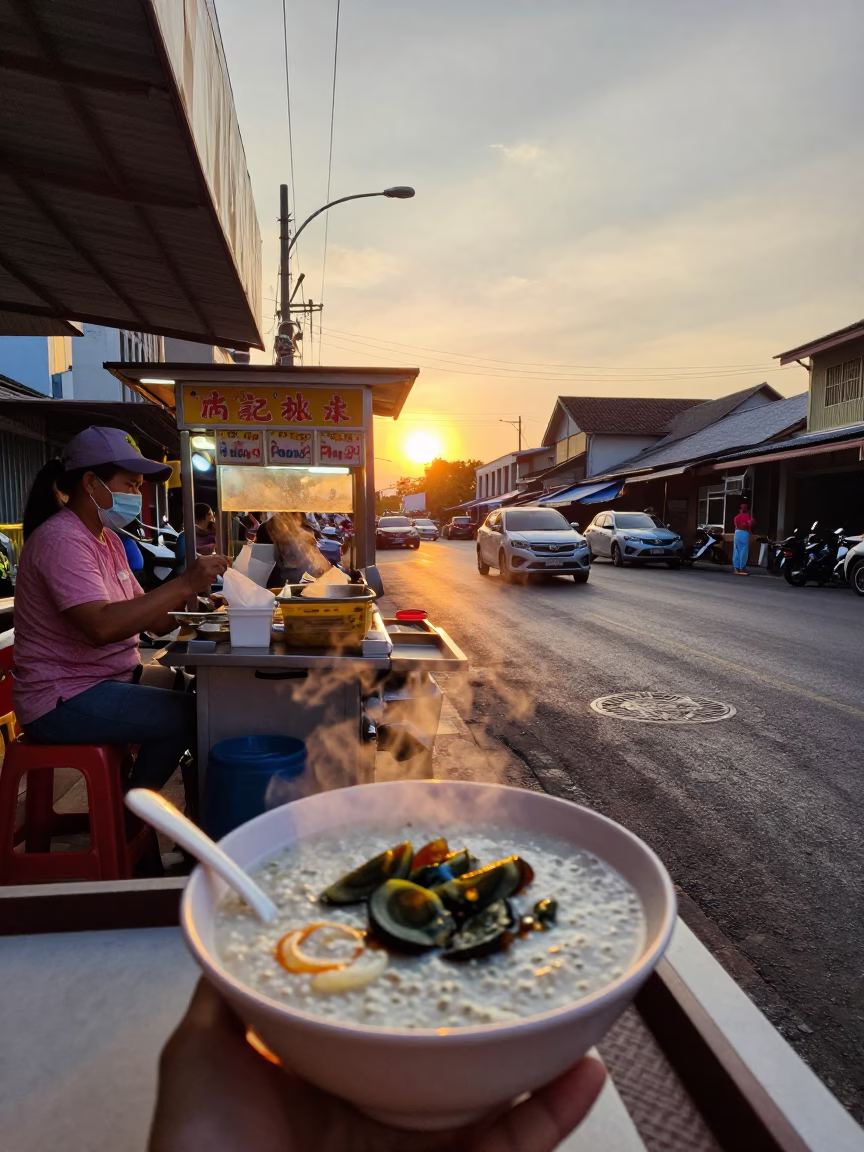 Sunset Street Scene in Phuket Thailand with Century Egg Congee and Geraniums in in Phuket, Thailand