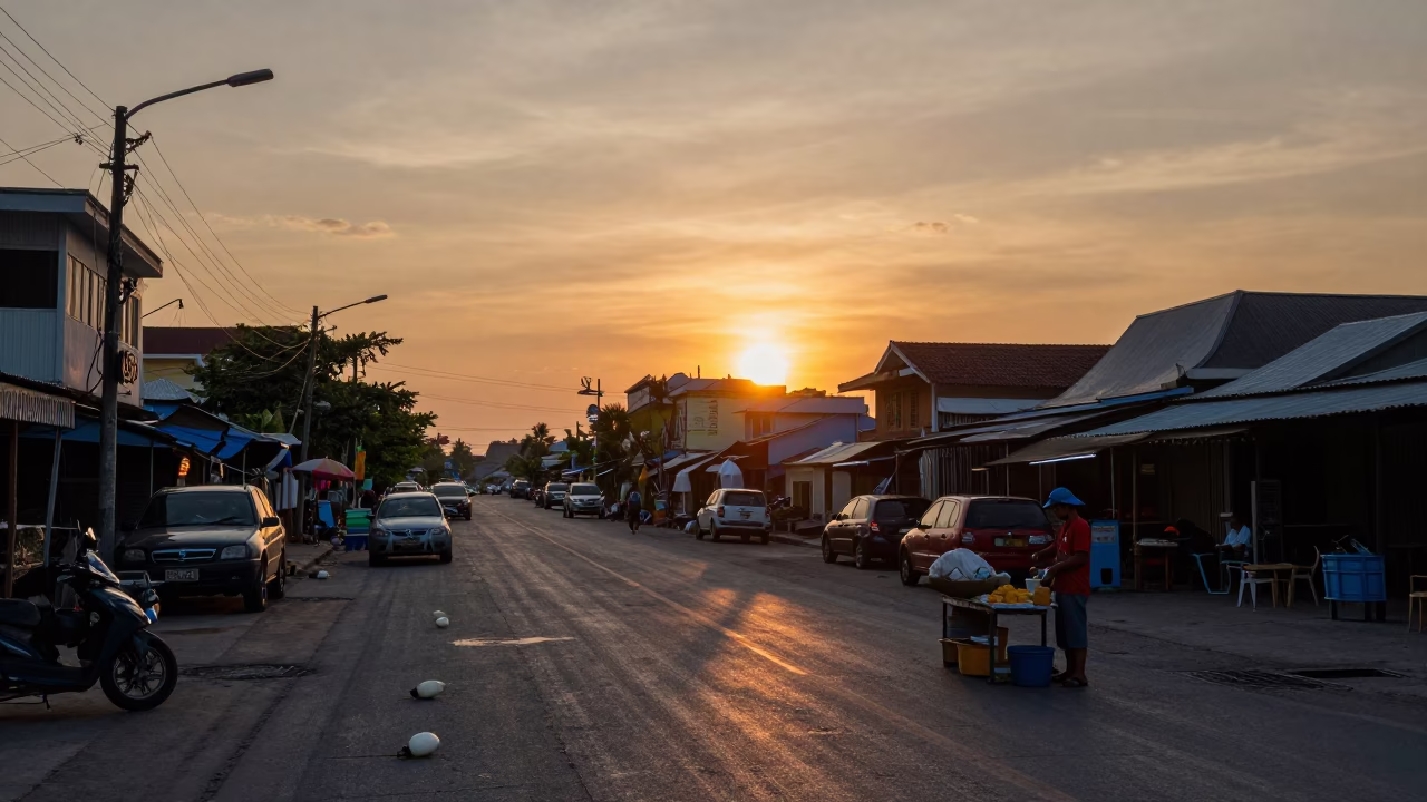 Sunset street scene in Phuket Thailand with fishing floats and local vendors in in Phuket, Thailand