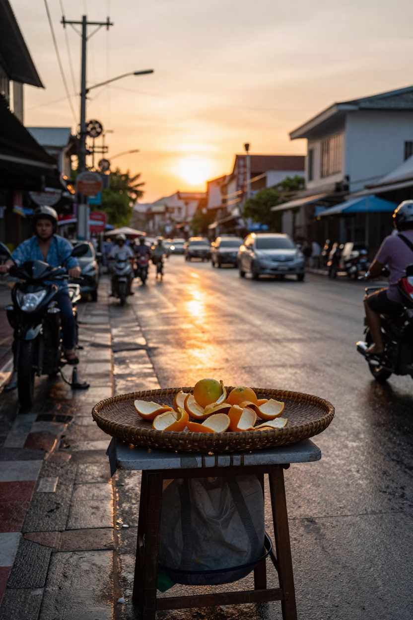 Sunset Street Scene in Phuket Thailand with Food Vendor Basket and Citrus in in Phuket, Thailand