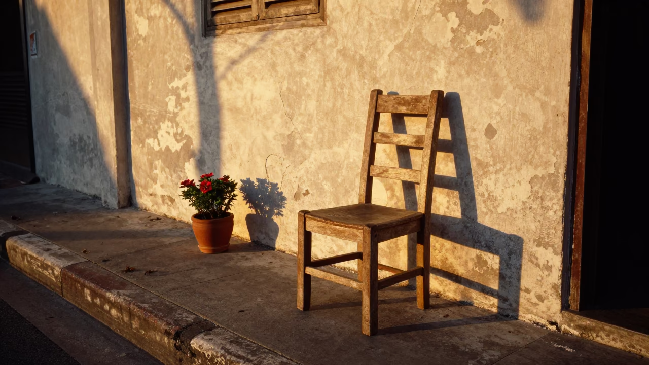 Sunset Street Scene in Phuket Thailand with Ladder-Back Chair and Flowerpot in in Phuket, Thailand