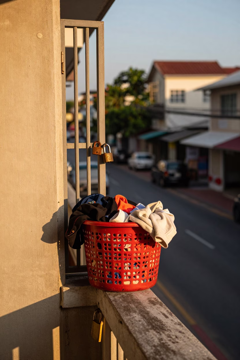 Sunset Street Scene in Phuket Thailand with Laundry Basket and Padlock on Balcony in in Phuket, Thailand