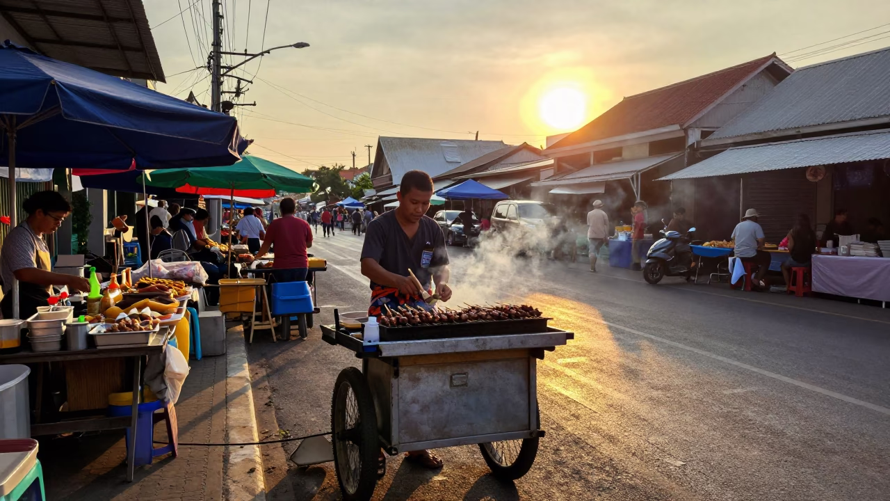 Sunset Street Scene in Phuket Thailand with Local Market Food and Natural Light in in Phuket, Thailand