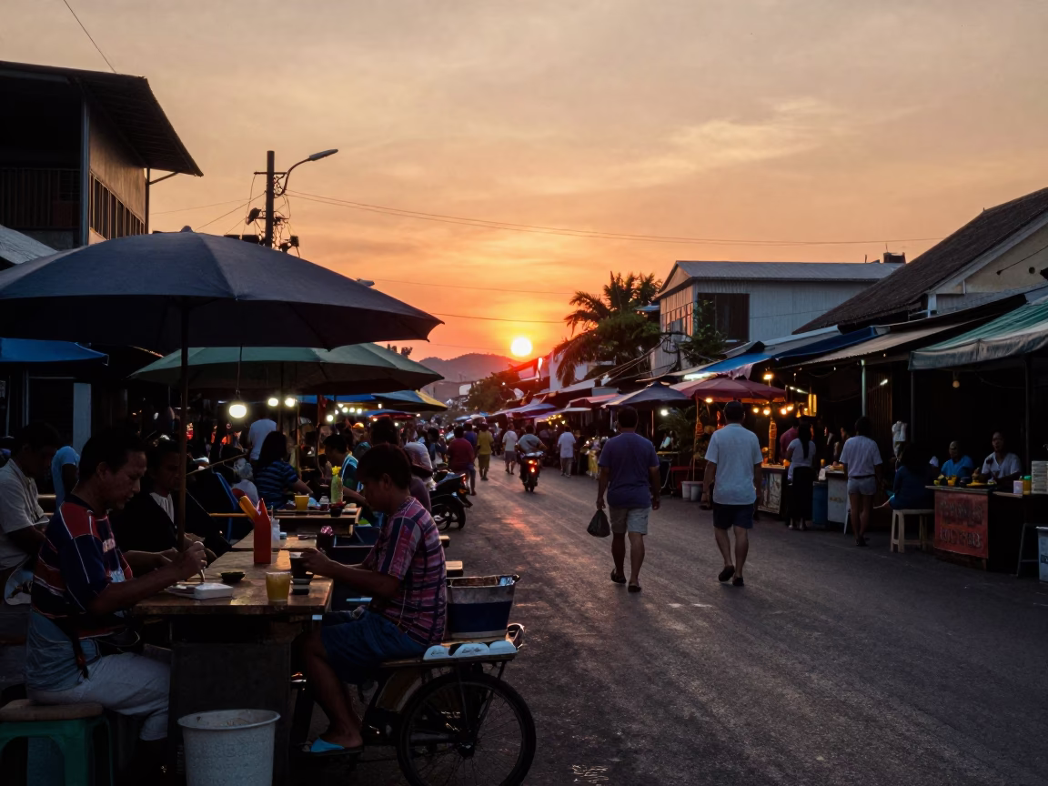 Sunset Street Scene in Phuket Thailand with Local Vendor and Bar Stools in in Phuket, Thailand