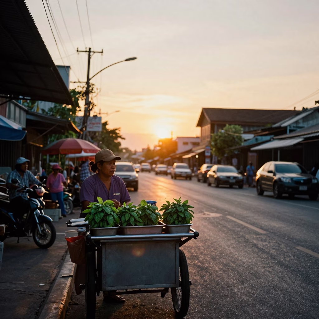 Sunset street scene in Phuket Thailand with local vendor and basil leaves in in Phuket, Thailand