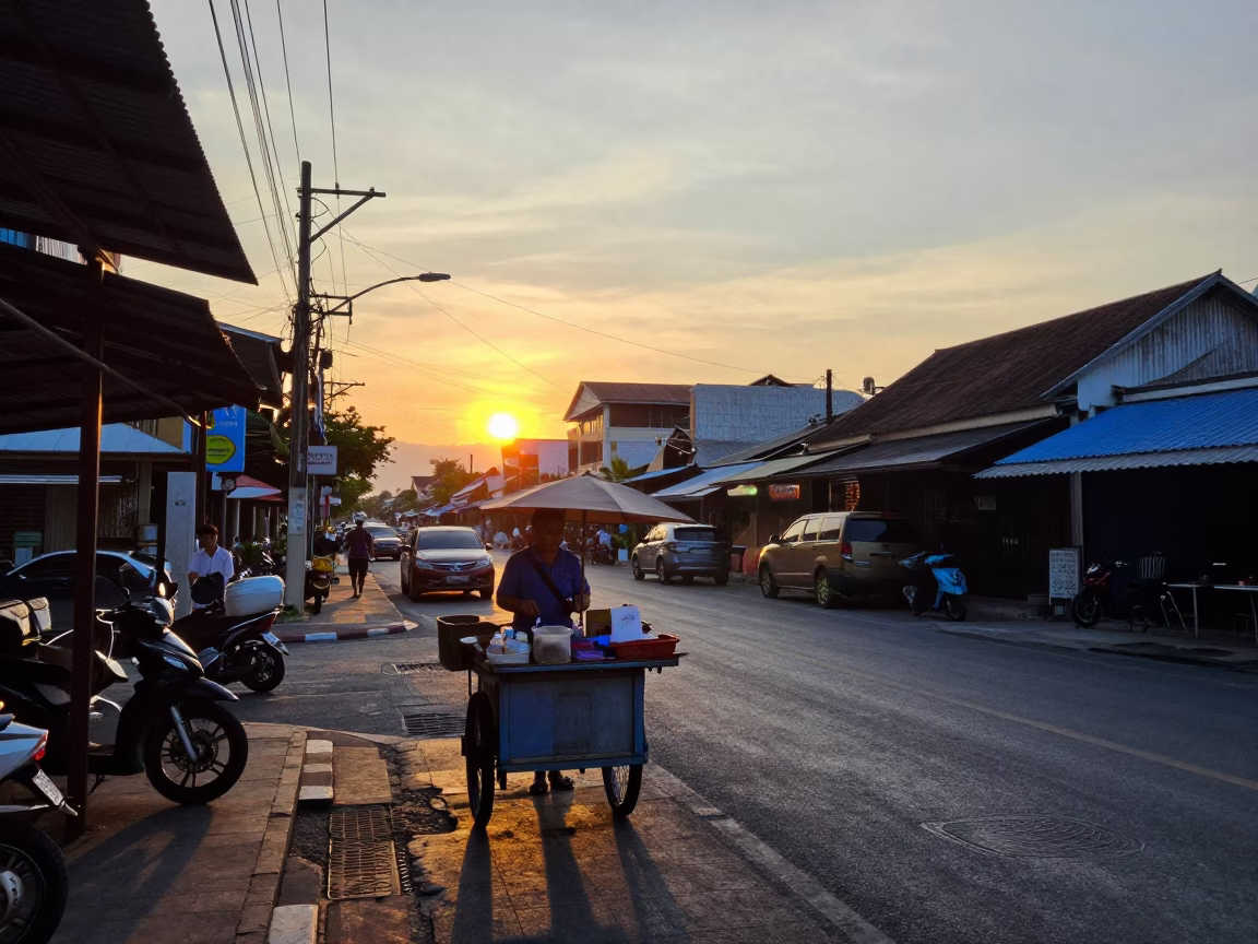 Sunset Street Scene in Phuket Thailand with Local Vendor and Blue Porcelain Plate in in Phuket, Thailand