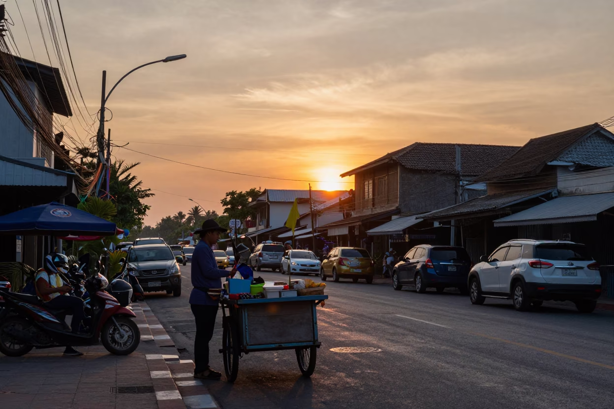 Sunset street scene in Phuket Thailand with local vendor and evening light in in Phuket, Thailand