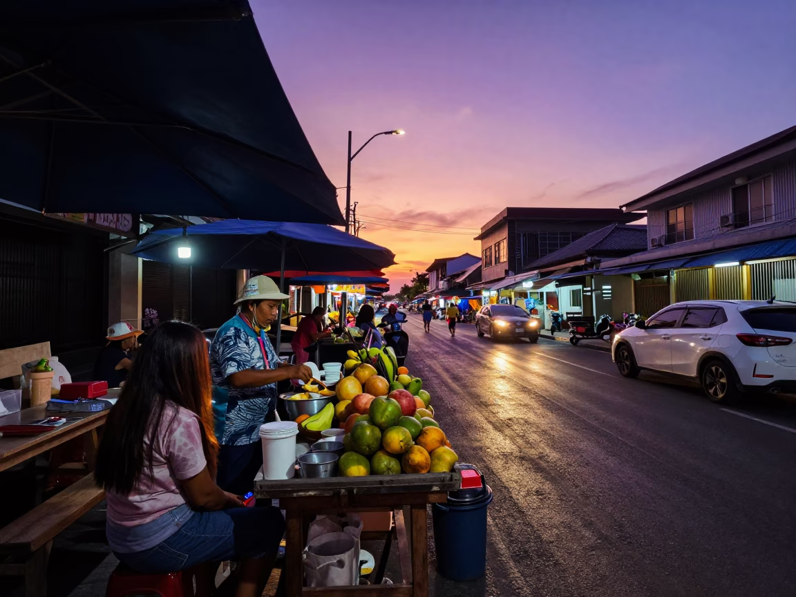 Sunset Street Scene in Phuket Thailand with Local Vendor and Hair Comb in in Phuket, Thailand