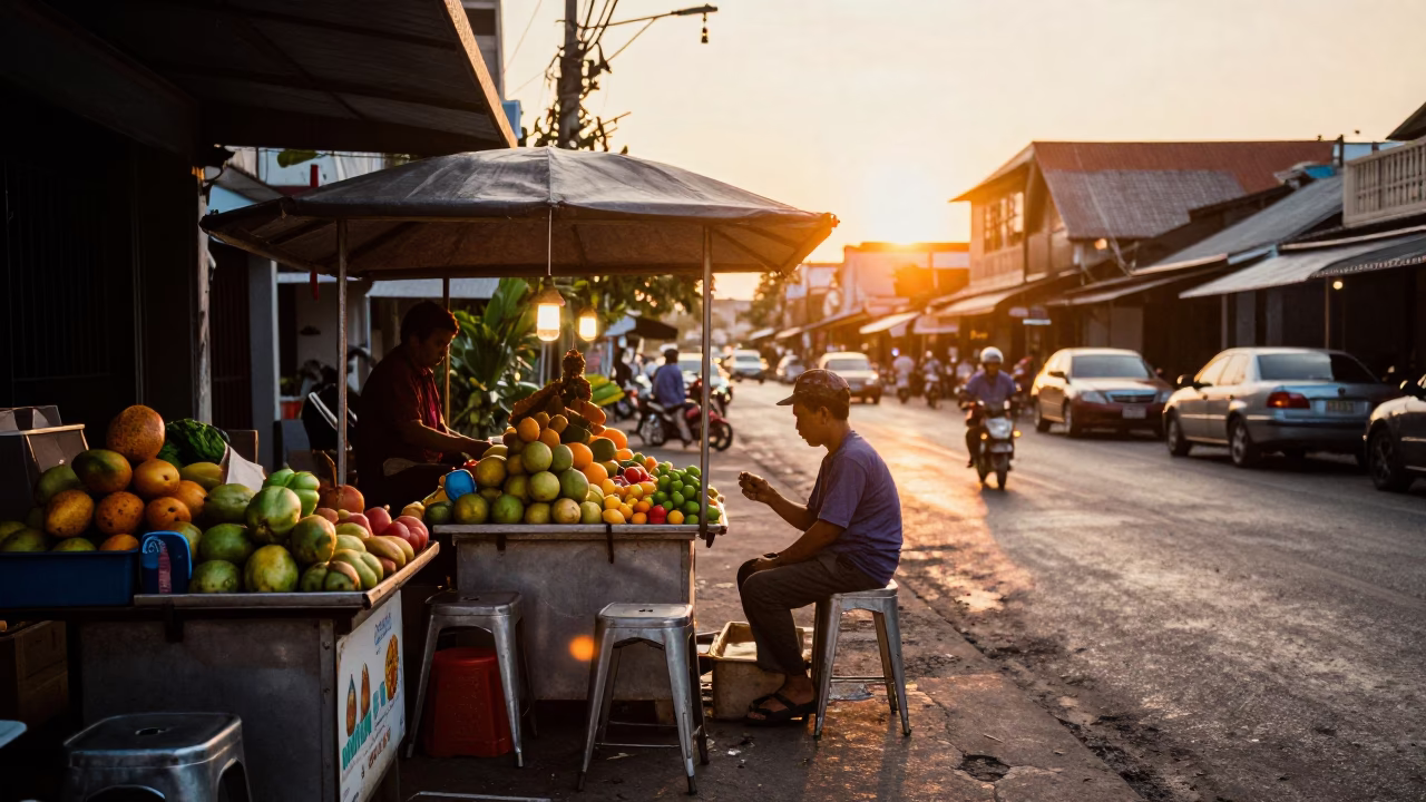 Sunset Street Scene in Phuket Thailand with Local Vendor and Metal Stools in in Phuket, Thailand