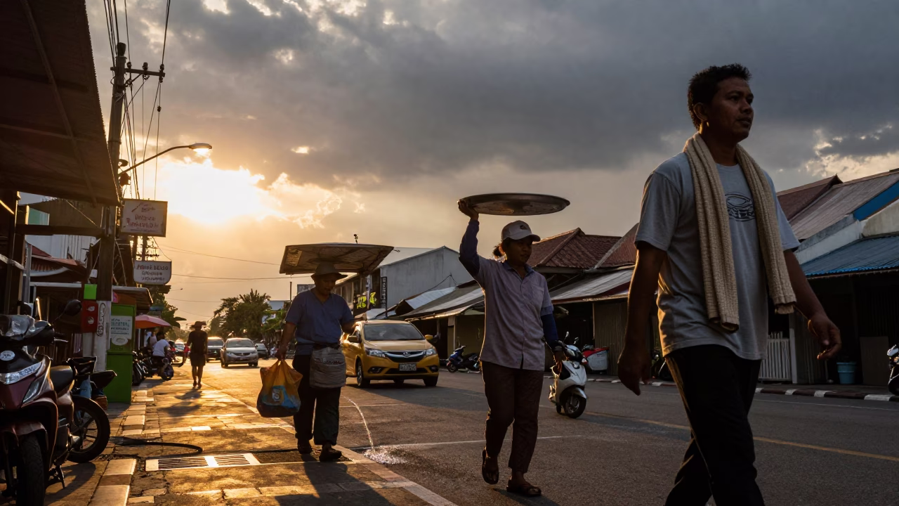 Sunset Street Scene in Phuket Thailand with Local Vendor and Storm Drain in in Phuket, Thailand