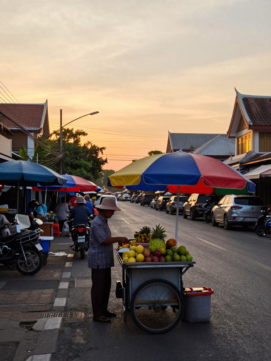 Sunset Street Scene in Phuket Thailand with Local Vendor and Traditional Elements in in Phuket, Thailand