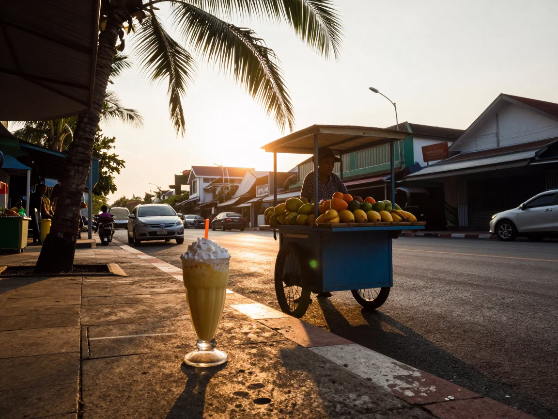 Sunset Street Scene in Phuket Thailand with Mango Lassi and Ceramic Bowl in in Phuket, Thailand
