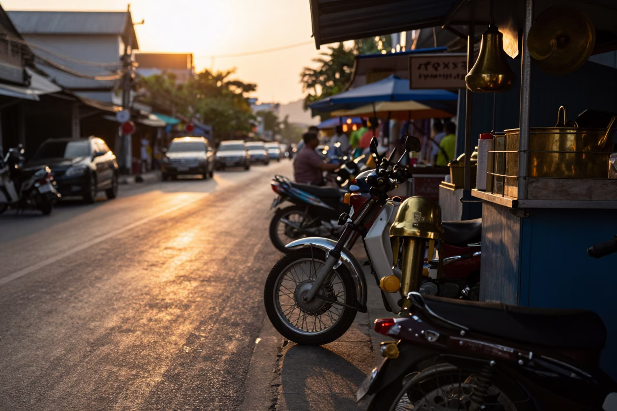 Sunset street scene in Phuket Thailand with motorcycle and brass details in in Phuket, Thailand
