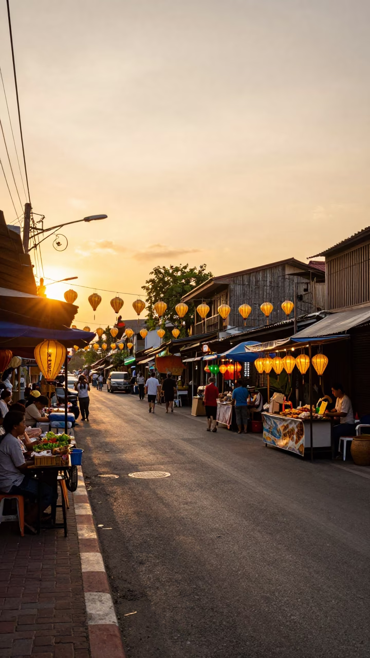 Sunset Street Scene in Phuket Thailand with Paper Lanterns and Local Activity in in Phuket, Thailand