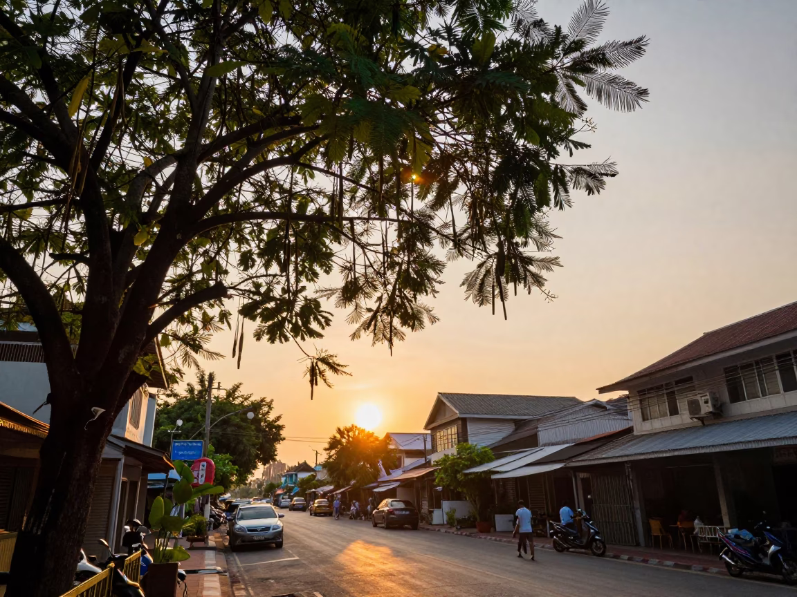 Sunset Street Scene in Phuket Thailand with Tamarind Tree and Local Vendor in in Phuket, Thailand