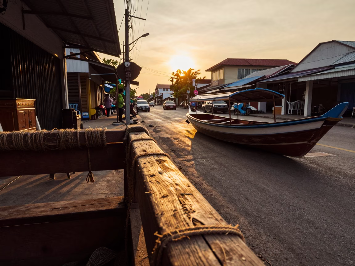 Sunset Street Scene in Phuket Thailand with Traditional Boat and Local Life in in Phuket, Thailand