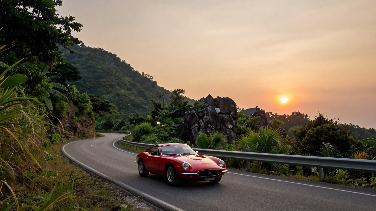 Sunset Street Scene in Phuket Thailand with Vintage Red Sports Car on Mountain Road in in Phuket, Thailand