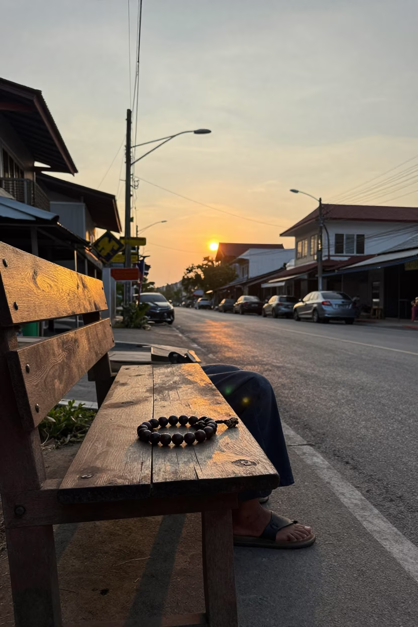 Sunset Street Scene in Phuket Thailand with Wooden Bench and Prayer Beads in in Phuket, Thailand