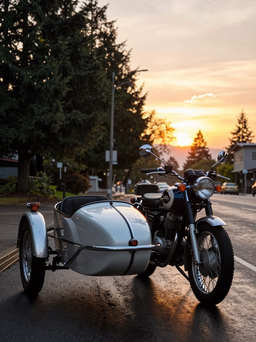 Sunset street scene in Portland Oregon with vintage motorcycle sidecar and urban architecture in in Portland, Oregon, United States