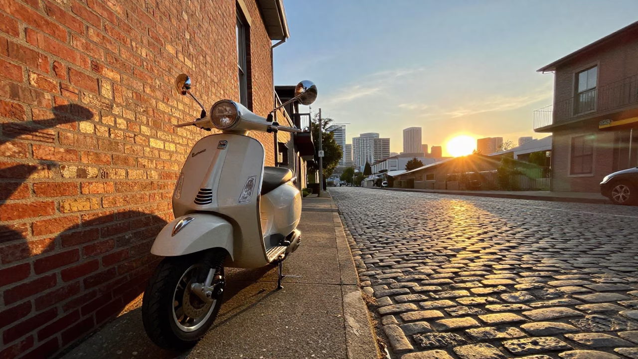 Sunset Street Scene in Portland Oregon With Vintage Vespa On Cobblestone Lane in in Portland, Oregon, United States