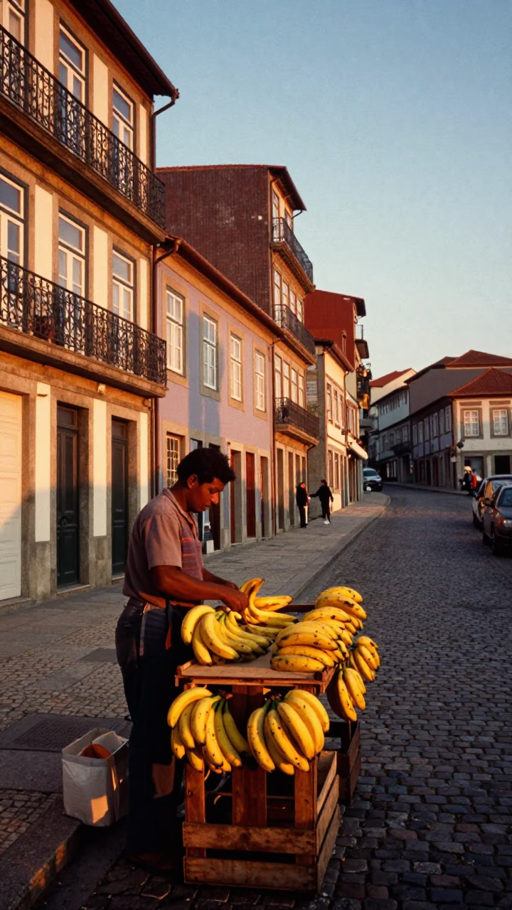 Sunset street scene in Porto Portugal with bananas and drying rack in in Porto, Portugal