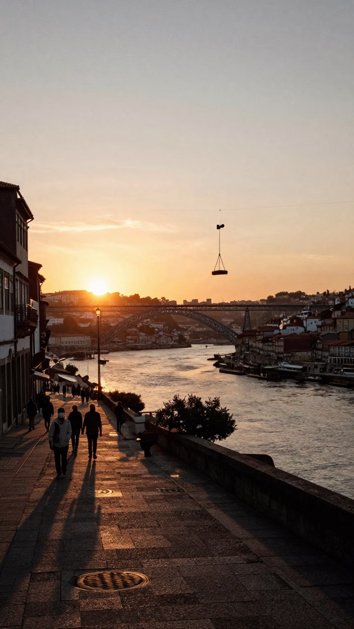 Sunset Street Scene in Porto Portugal with Bridge Cradle and River View in in Porto, Portugal