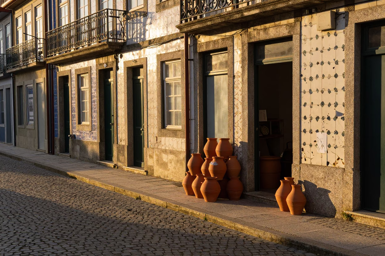 Sunset Street Scene in Porto Portugal with Clay Pots and Paper Lanterns in in Porto, Portugal