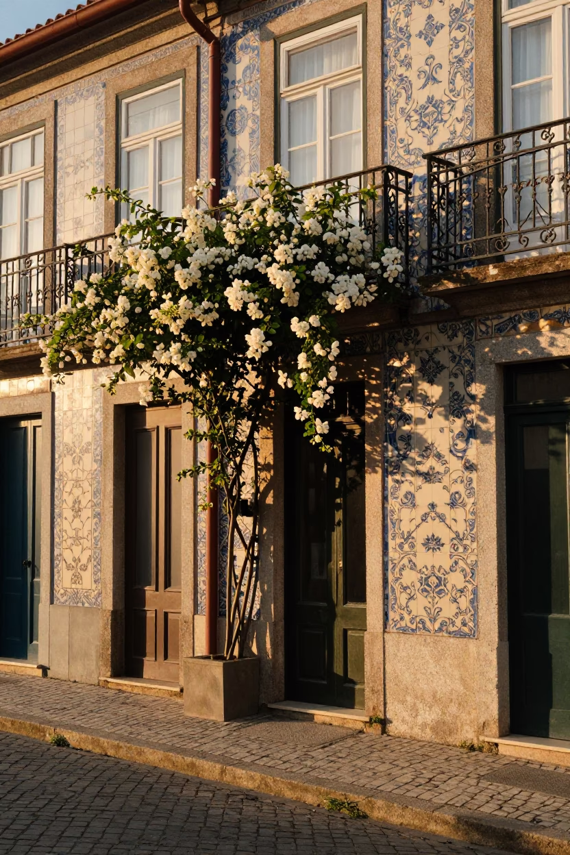 Sunset Street Scene in Porto Portugal with Climbing Jasmine and Local Life in in Porto, Portugal