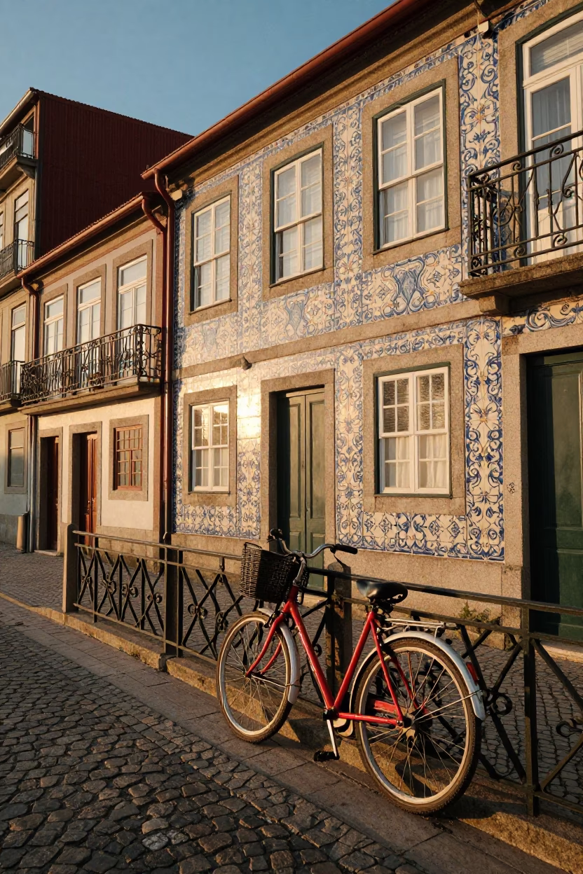 Sunset Street Scene in Porto Portugal with Colorful Tiled Facades and Local Life in in Porto, Portugal