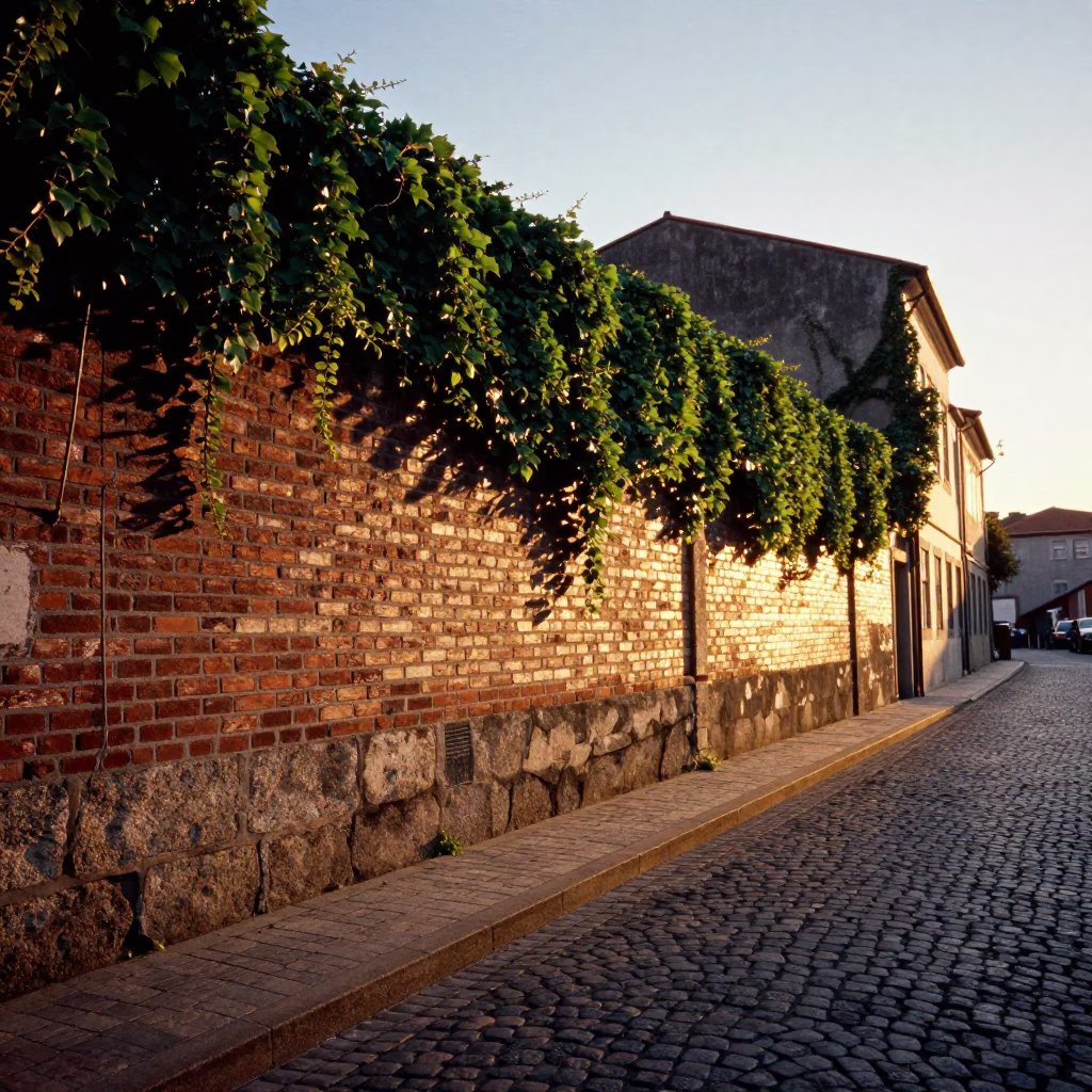 Sunset Street Scene in Porto Portugal with Ivy Brick Wall and Local Details in in Porto, Portugal