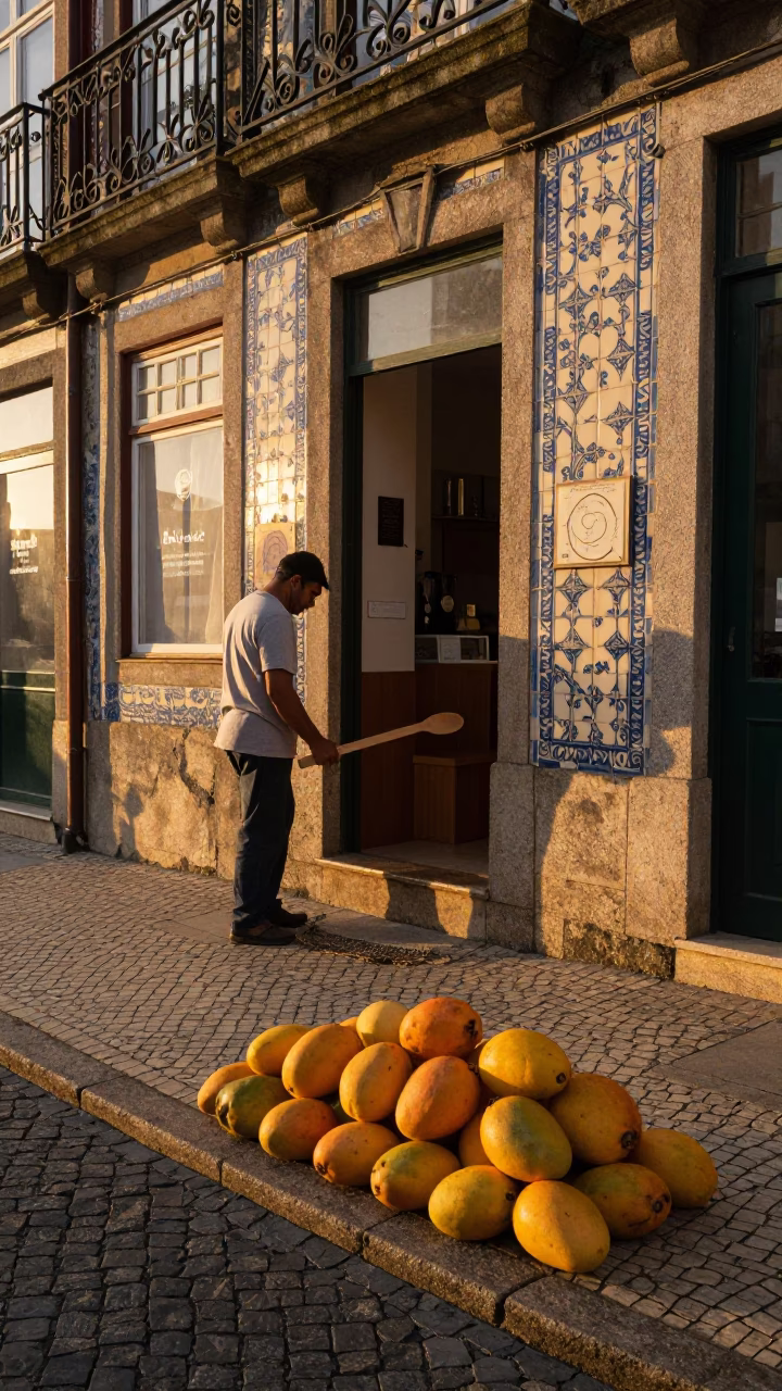Sunset Street Scene in Porto Portugal with Mangoes and Wooden Spoon in in Porto, Portugal