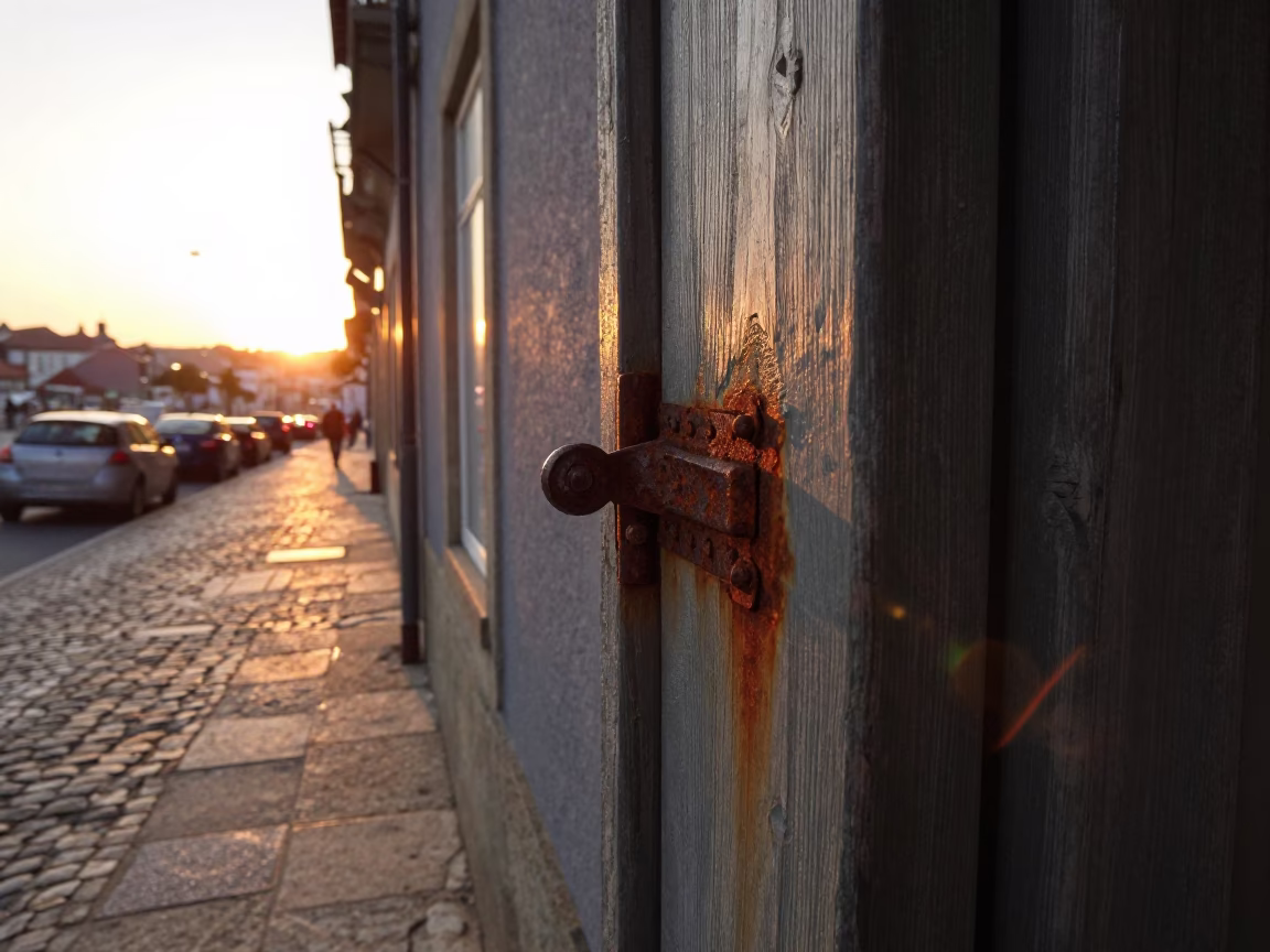 Sunset Street Scene in Porto Portugal with Rusty Hinge and Dish Towel in in Porto, Portugal
