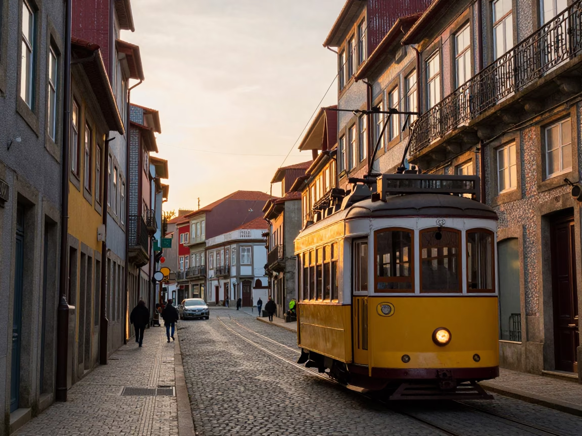 Sunset street scene in Porto Portugal with traditional tram and historic architecture in in Porto, Portugal