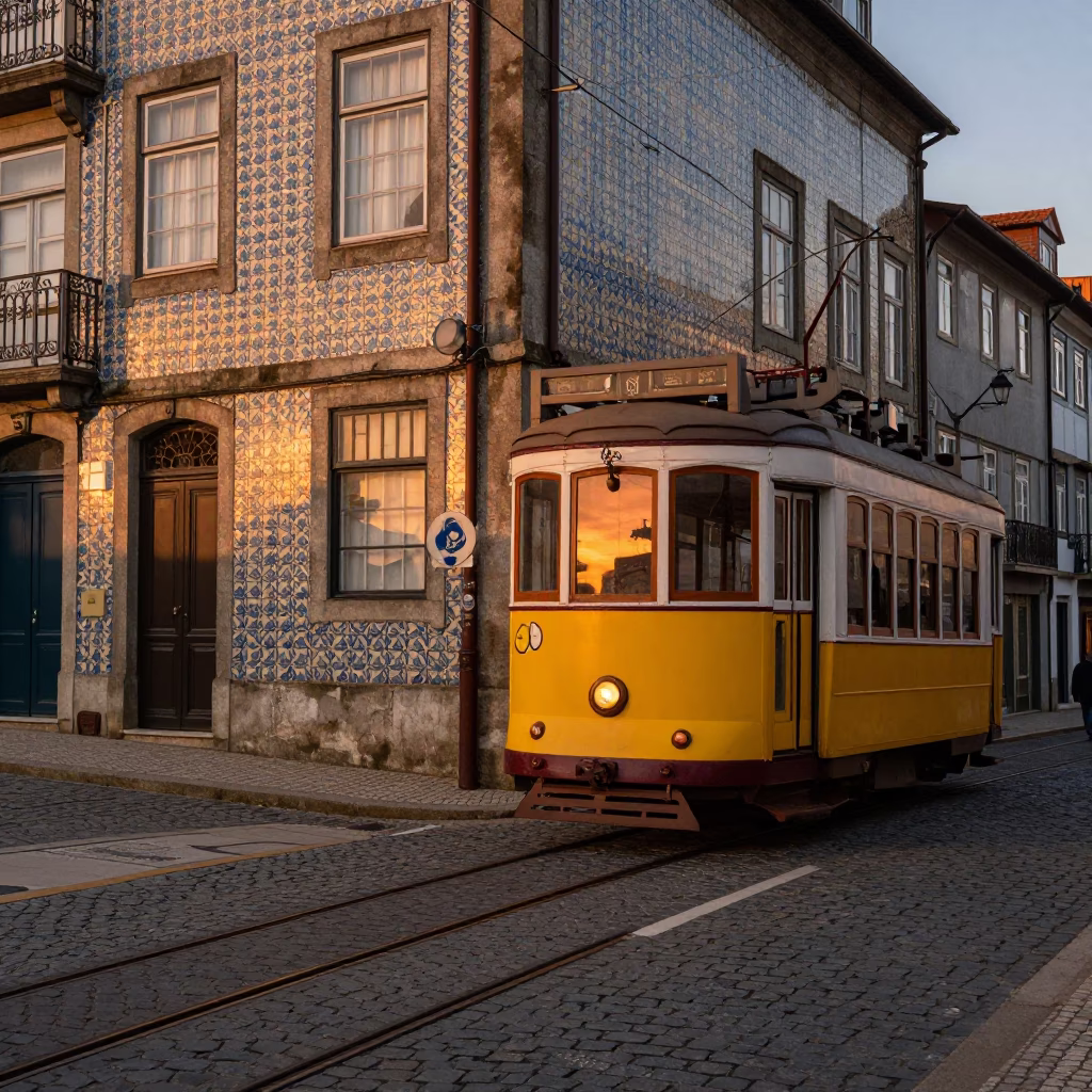 Sunset street scene in Porto Portugal with tram and historic architecture in in Porto, Portugal