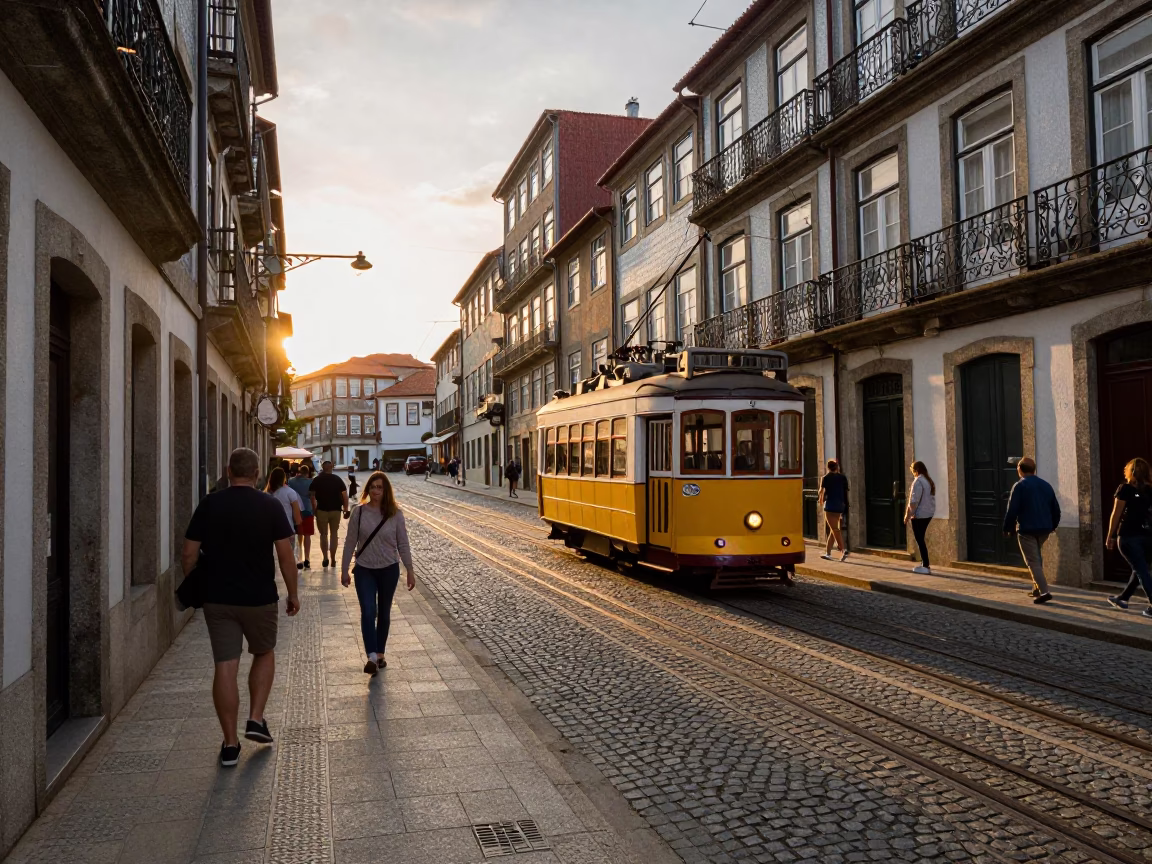 Sunset Street Scene in Porto Portugal with Tram and Local Life in in Porto, Portugal