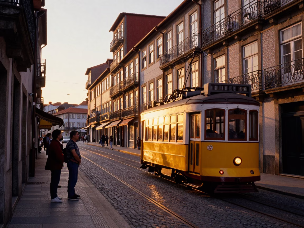 Sunset Street Scene in Porto Portugal with Tram and Tourists in in Porto, Portugal