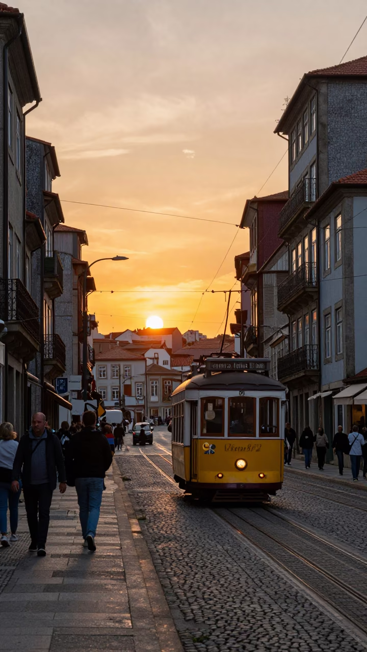 Sunset Street Scene in Porto Portugal with Tram and Traditional Architecture in in Porto, Portugal