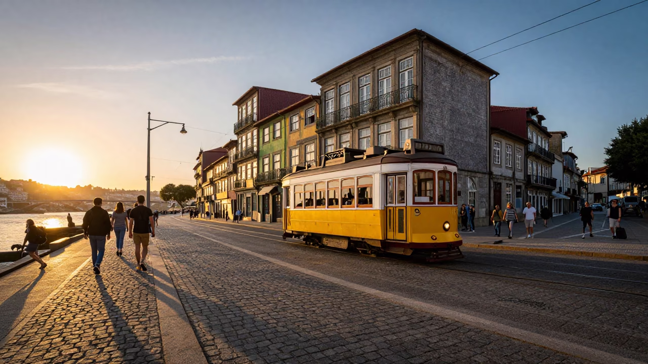 Sunset street scene in Porto Portugal with yellow tram and tourists in in Porto, Portugal