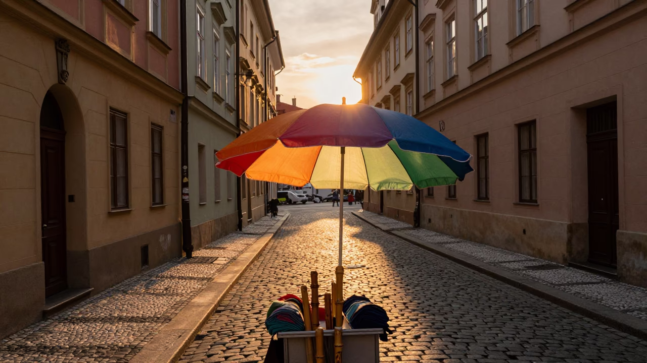 Sunset Street Scene in Prague Czech Republic with Colorful Umbrella and Cobblestone Detail in in Prague, Czech Republic