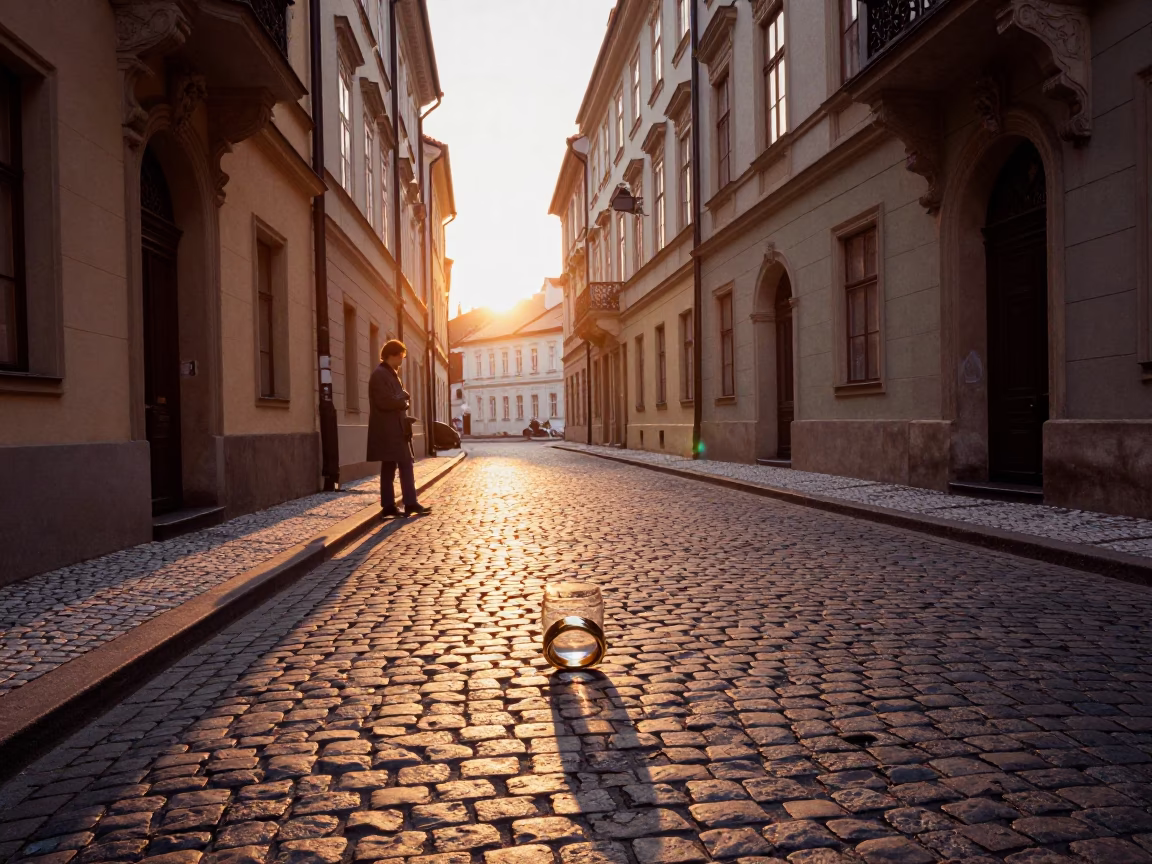 Sunset Street Scene in Prague Czech Republic with Signet Ring and Glass Doorframe in in Prague, Czech Republic
