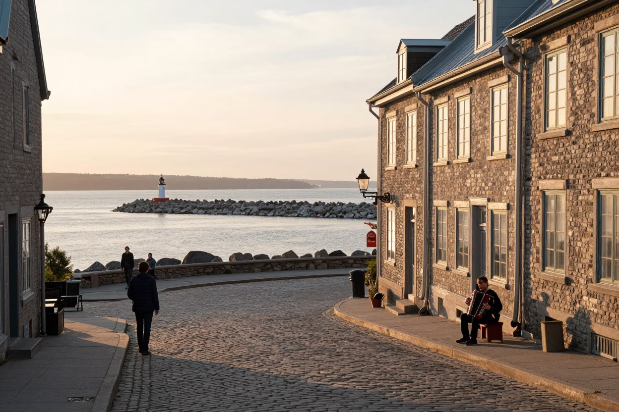 Sunset Street Scene in Quebec City with Accordion Player and Breakwater View in in Quebec City, Quebec, Canada