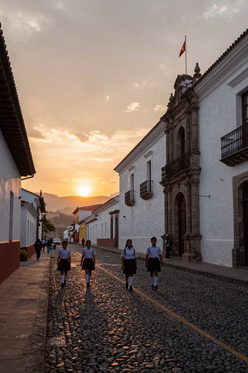 Sunset Street Scene in Quito Ecuador With Cobblestones And Colonial Architecture in in Quito, Ecuador