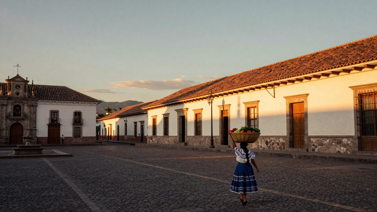 Sunset street scene in Quito Ecuador with colonial architecture and local market activity in in Quito, Ecuador