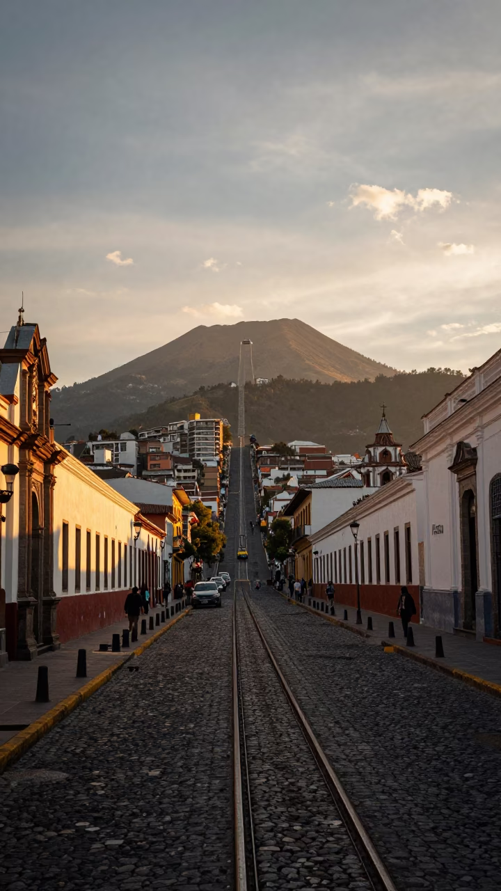 Sunset Street Scene in Quito Ecuador with Funicular Railway and Local Market Stalls in in Quito, Ecuador