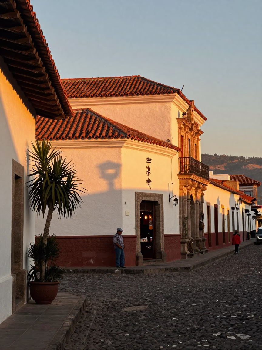 Sunset Street Scene in Quito Ecuador with Jade Plant and Local Vendor in in Quito, Ecuador